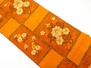 手織り真綿紬　枡に花模様織り出し　名古屋帯